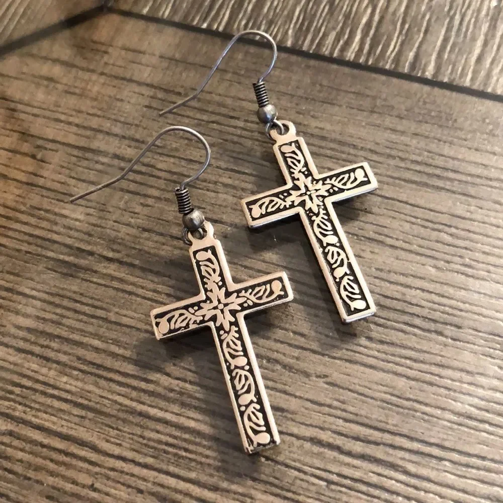 Cross Earrings Oxidized Floral Design Silvertone